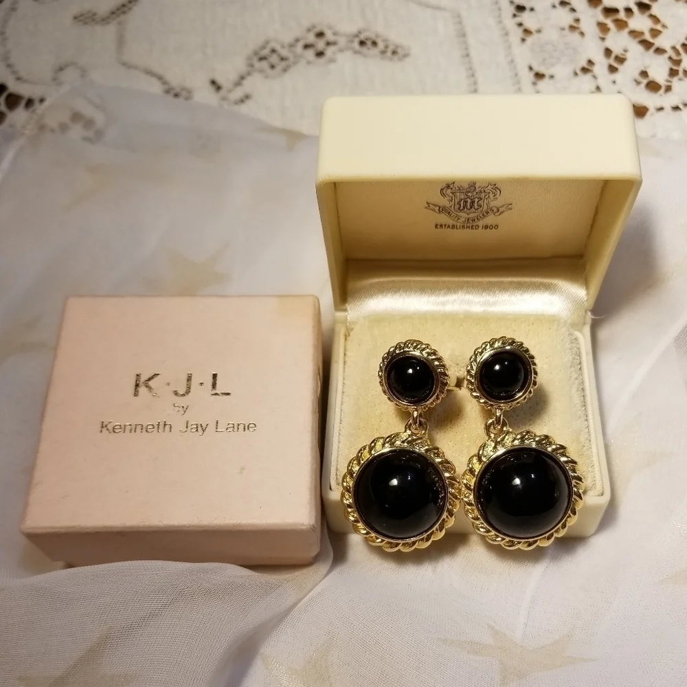 Vtg KJL Kenneth Jay Lane Black Gold Earrings
